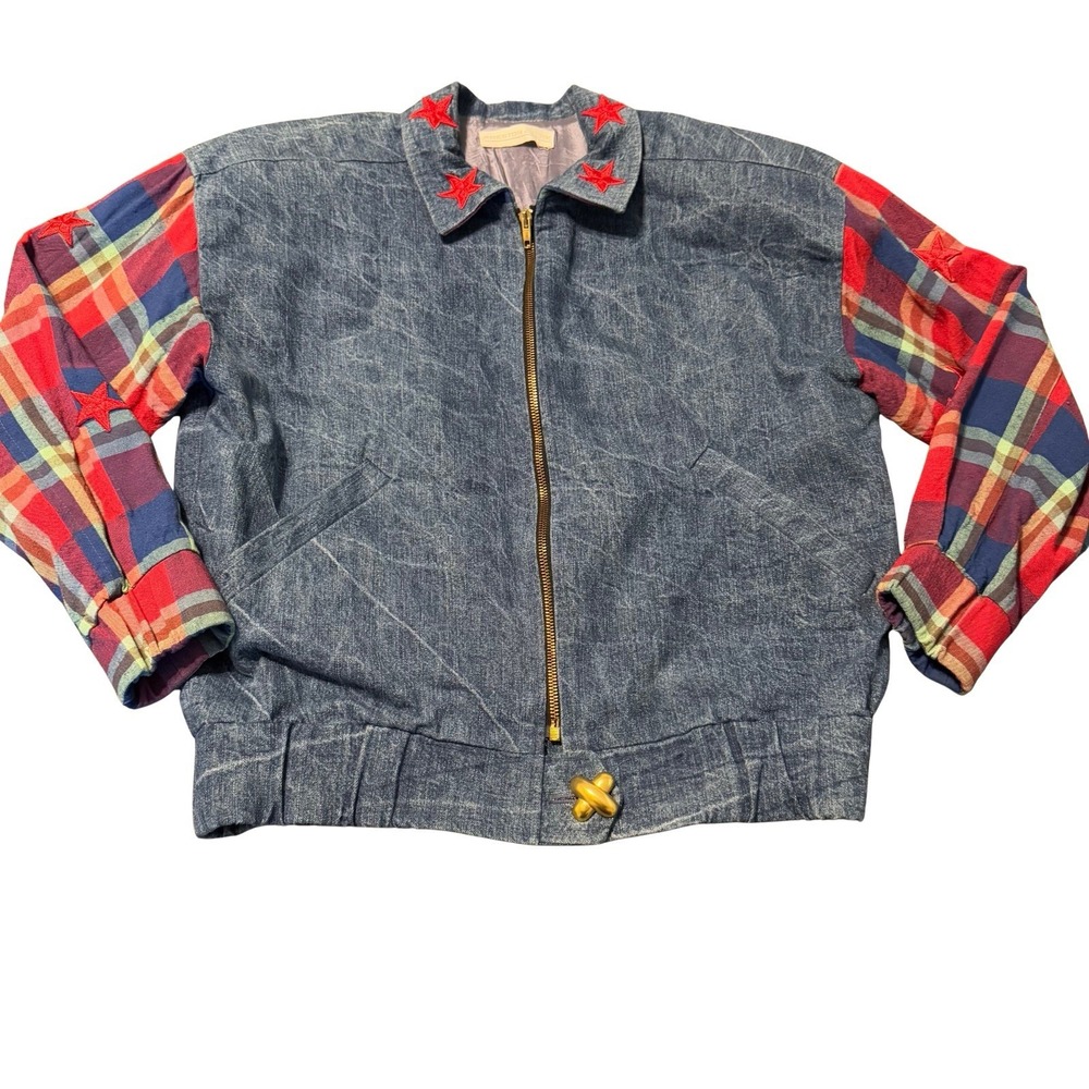 Vtg Preston & York Denim Bomber Jacket Med. Plaid Sleeves Star Embroidered USA